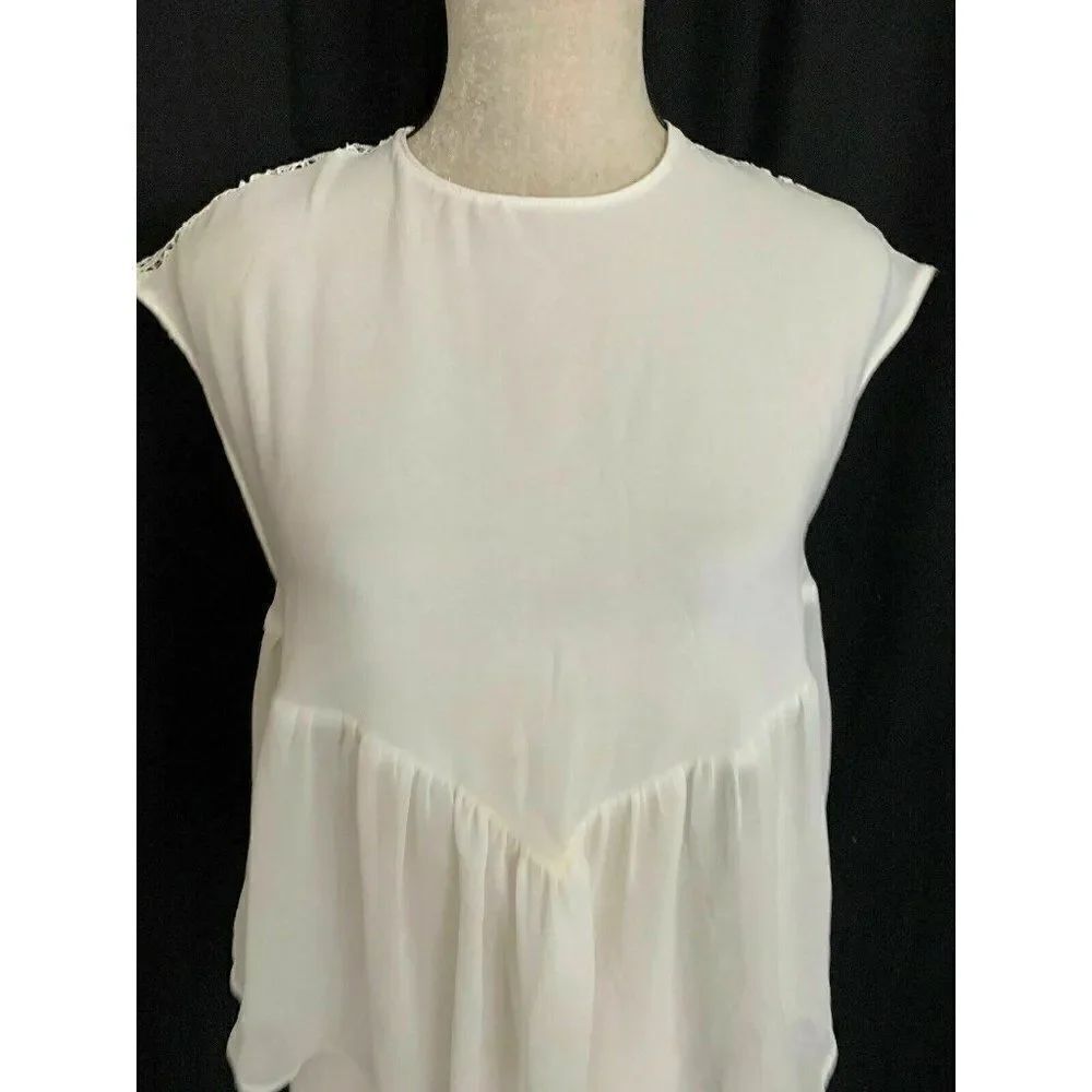 Zara Womens Solid White Lace Crew Neck Sheer Tank Top Xs